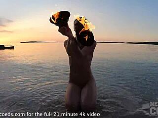 Pretty Adorable Nude European Girl Horny Dancing Fire On Private Usa Beach At Sunset