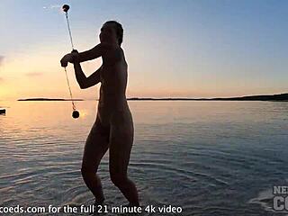 Pretty Adorable Nude European Girl Horny Dancing Fire On Private Usa Beach At Sunset