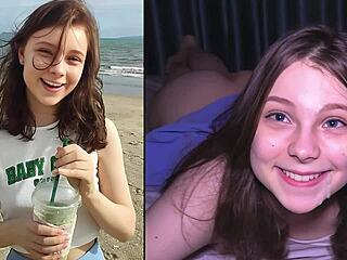 Hånglar på stranden, sötnos får honom att komma tre gånger oops