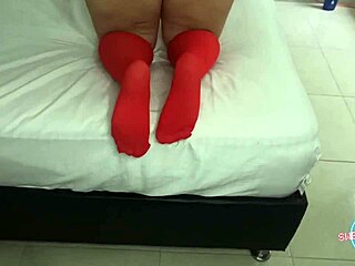 Shake big ass in red pantyhose and masturbate to orgasm