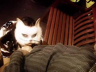 a guy finds naughty brunette with kitty mask ready for facial