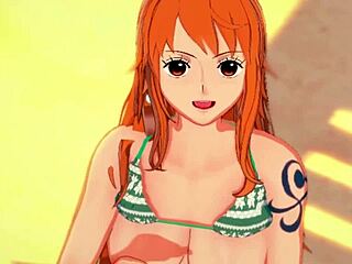 娜美在海贼王的海滩上撸你的鸡巴