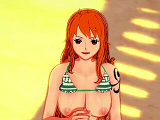 Nami strokes your cock on the beach in One Piece