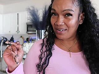 Ebony babe with big tits bends over for anal and jerk off instructions