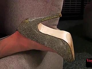 Busty nylon milf relaxes while someone jerks on her