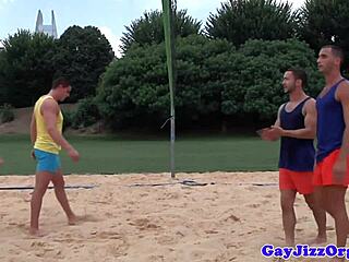 damn, sports jock gets drenched in cum after sucking off the team!