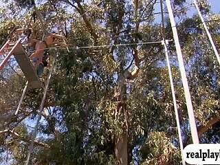 Blonde and brunette babes swing naked in outdoor reality