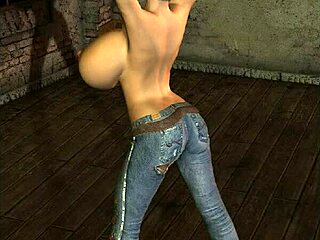 3d cg babe with insanely large boobs in heels and jeans, huge tits shaking.