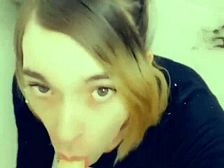 sexy shemale loves cock, horny and adorable on her knees for blowjob