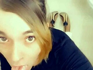 sexy shemale loves cock, horny and adorable on her knees for blowjob