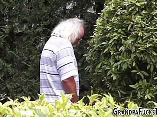 Brunette teen got facialized after messing with an old guy.