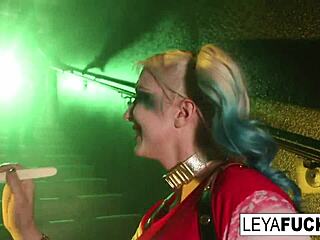 Leya Falcon engages in lesbian sex with blondes.