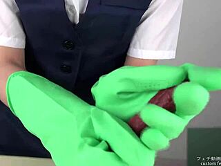 handjob magic with slick latex gloves on display