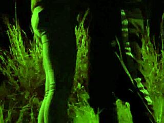 Teen gives blowjob while masturbating outdoors