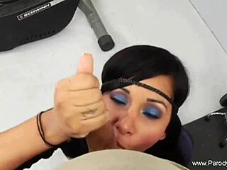 Sexy brunette milf gives hardcore handjob to parody babe.