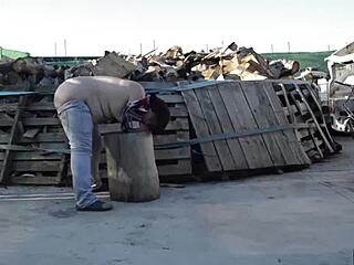 Fucking hard on a log outdoors with my horny partner