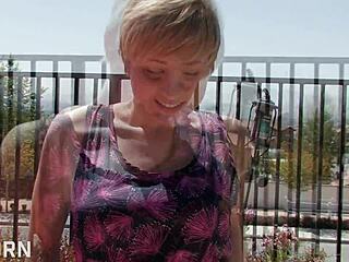 hot blonde girl shows her hairy pussy while masturbating in the bathtub