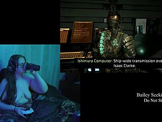 Naked brunette plays dead space with big natural tits exposed