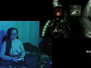 Naked brunette plays dead space with big natural tits exposed