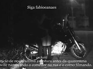 married woman shows off outdoor with cuckold voyeur filming