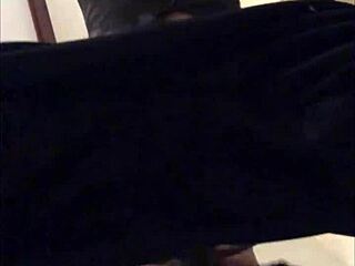 French Amateur in Black Leather Pants and Satin Shirt. Red Bra and Panties in POV Doggystyle Fuck!