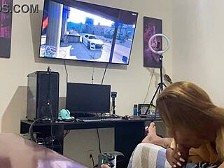 Petite Brunette Sucks Him Intensely While He Plays Video Game