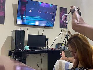 Petite Brunette Sucks Him Intensely While He Plays Video Game