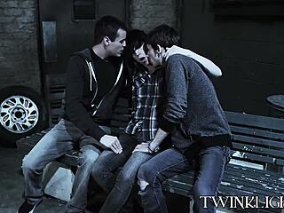 Three young 18+ gays making out before anal pounding