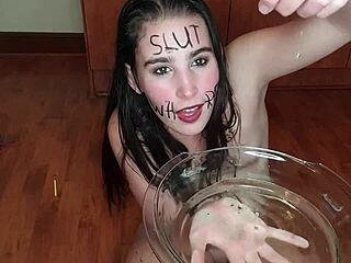 Degrading slut eats piss-soaked fruit for humiliation