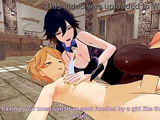 Damn, Genshin Impact babe with big tits gives wild footjob to monster cock!