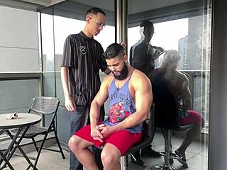 the skinny barber sucked the buff client's cock in bisexual encounter