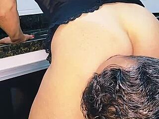 having fun with the blonde at the sink