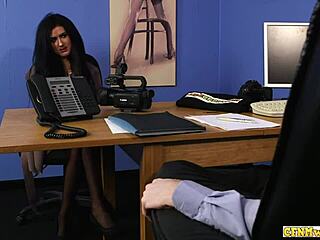 Femdom babe humiliates cock with CFNM blowjob in office