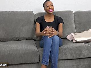 Sassy slim African milf in fishnets rides big white cock at casting.