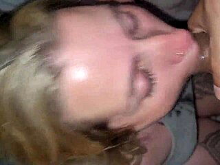 Blanquita receives a lot of cum on her face in the garage