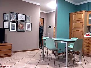 lesbian intruder in leather gloves uses dildo vibrator strap on