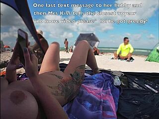 露出狂の奥さんがビーチでヌードキス、POV！