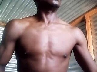 kneeling girl masturbates to big black cock with huge balls