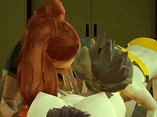 in futa overwatch, tracer, brigitte, and dva engage in 3d sex