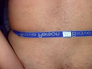 Riding thick dildo close up, man