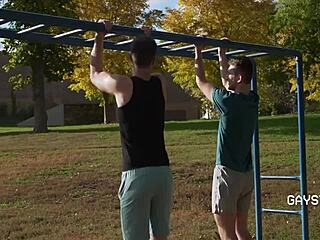 Hey, post-workout gay step sibling rivalry gets steamy with bareback!