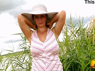 Blonde Mommy in Lingerie Masturbates Outdoors on Sunny Day