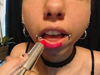 putting on hot pink lipstick and drooling with tongue and saliva 😍