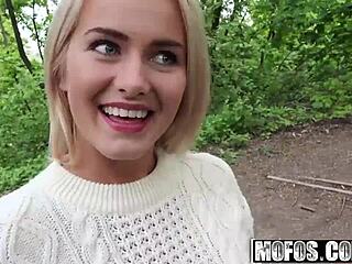 Aisha, the blonde hottie, gets picked up and fucked outdoors with blowjob and cumshot