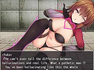 Orange haired girl playfully steps on hero in hentai scene