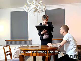 Hey, this mature tutor in stockings gets seduced by her teen disciple for a blowjob and doggystyle?