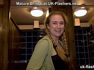 pigtail babe teases while flashing around town