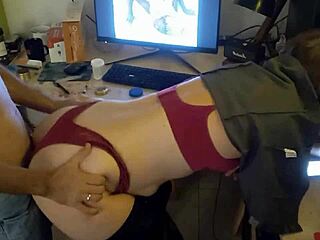 French amateur in black leather pants and satin panties performs doggy style blowjob and rimming