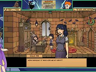 Провокационная игра ведьма-тренер, брюнетка-учительница показывает большие сиськи в хентай-действии