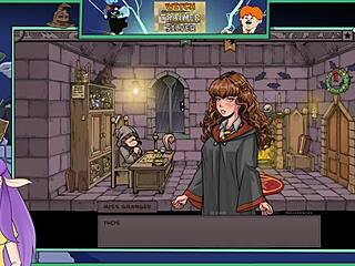 Provocative witch trainer game where brunette teacher shows big tits in hentai action